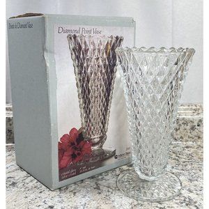 Vintage Indiana Glass Clear Diamond Point Vase 8” Footed Tapered In Original Box